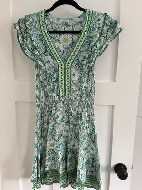 Poupette St. Barth Green and White Floral V-Neck Mini Dress